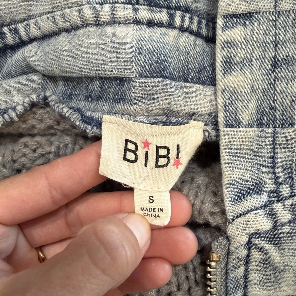 BiBi Gray Knit Twofer Cardigan Jean Jacket S Oversized Denim Hood Layered Check - Picture 5 of 9